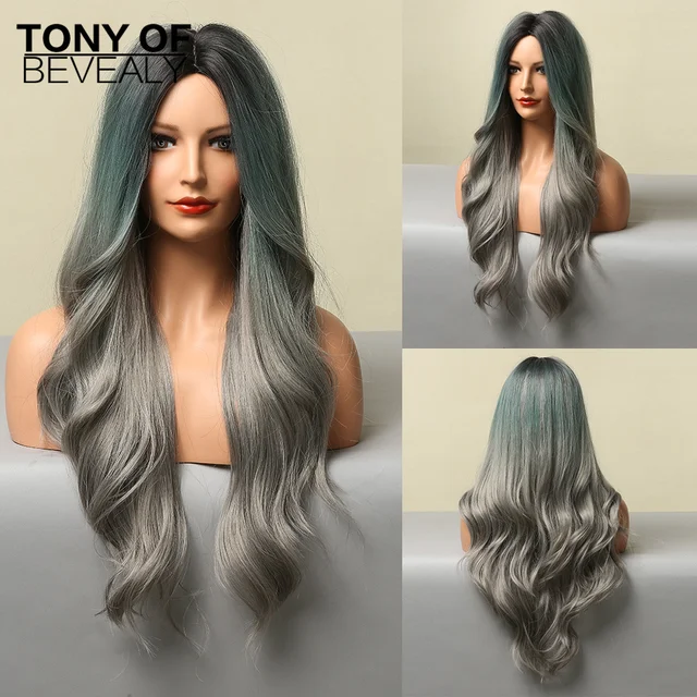 Long Water Wavy Synthetic Wigs Ombre Brown Middle Part Natural Hair Wigs For Women Cosplay Wigs Heat Resistant Fiber LC022-1