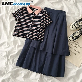 

Vintage Fashion Skirt Set Women Two Pieces Set Striped Short Sleeve T-shirt + High Waist Blue Maxi Skirt Female Matching Set