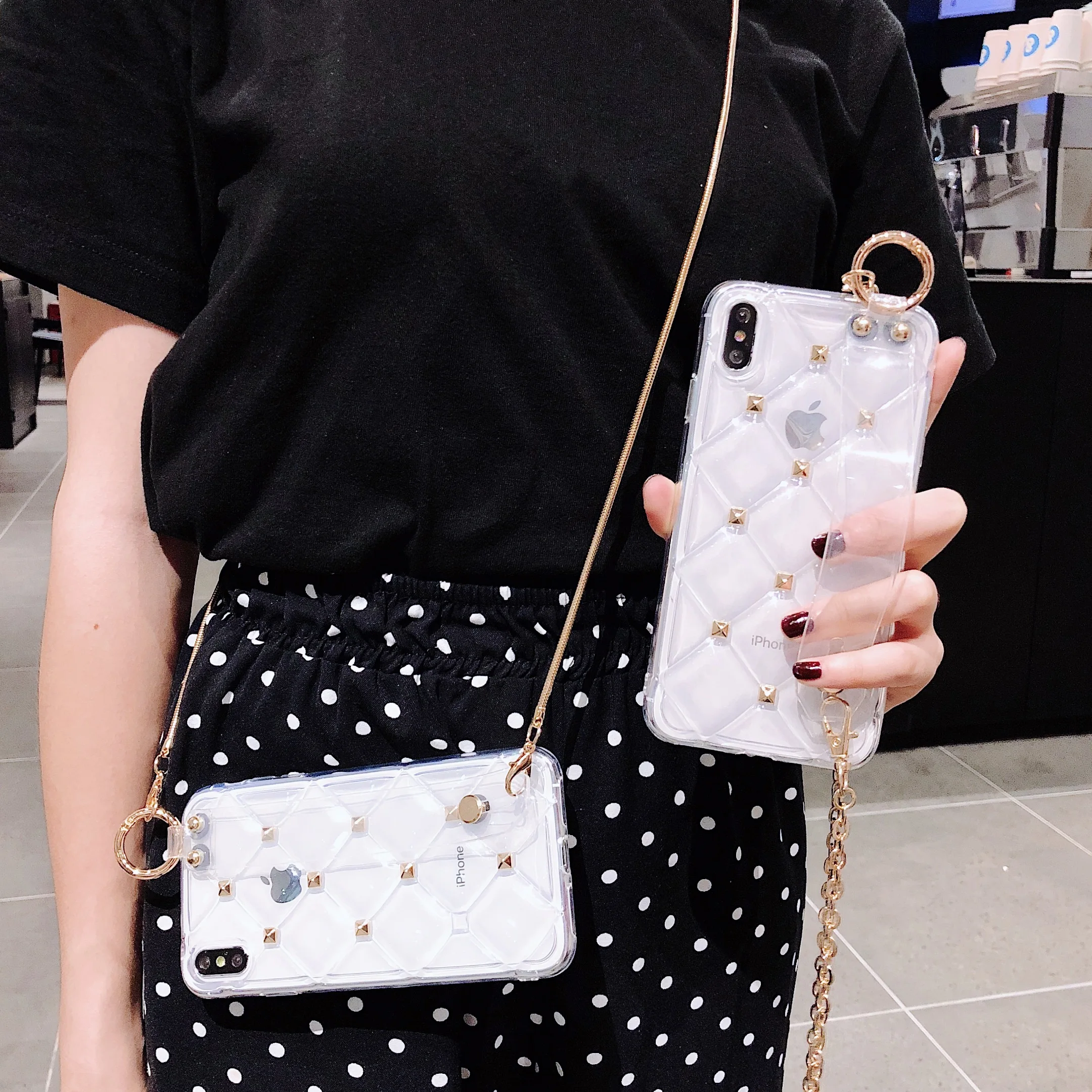 

For iPhone Xs Max Xr X 8 7 Plus Clear Case with Crossbody Chain for Women Gold Rivet Lattice Design Hand Belt Single Cover
