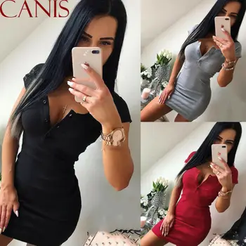 

Sexy Women Lady V Neck Button Short Sleeve Bodycon Slim Fashion Evening Party Beach Sundress