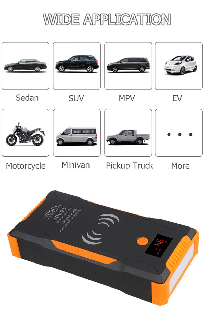 12V 22000 мАч автомобильное пусковое устройство, усилитель 1500A 400A Мощность power Bank Quick Беспроводной порт для зарядки через чрезвычайное прикуривание автомобиля Батарея Мощность