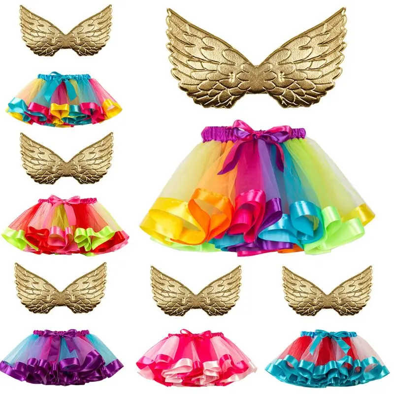

Princess Girls Rainbow Ribbon Patchwork Pleated Tutu Skirt with Gold Angel Wings