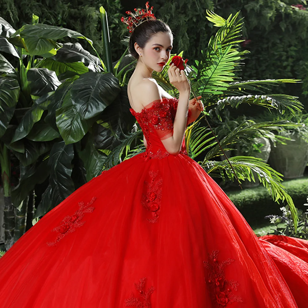 Красное бальное платье принцессы; свадебные платья; Vestido De Noiva Princesa; вырез лодочкой; короткий рукав; бисероплетение; платье с цветами