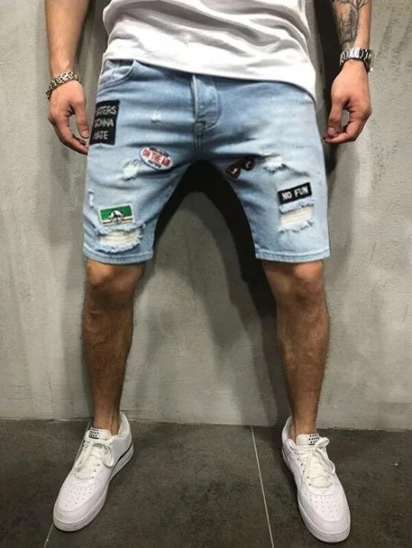 

New Style Men Fashion Casual Cowboy with Holes Embroidered Straight-Cut Short Shorts