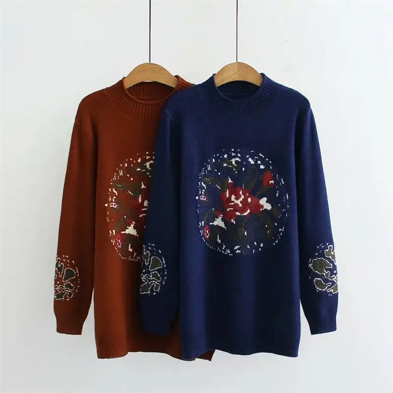 

Plus size donkerblauw & Caramel kleur herfst winter vrouwen truien Coltrui Jacquard Gebreide dames trui wol vrouwelijke
