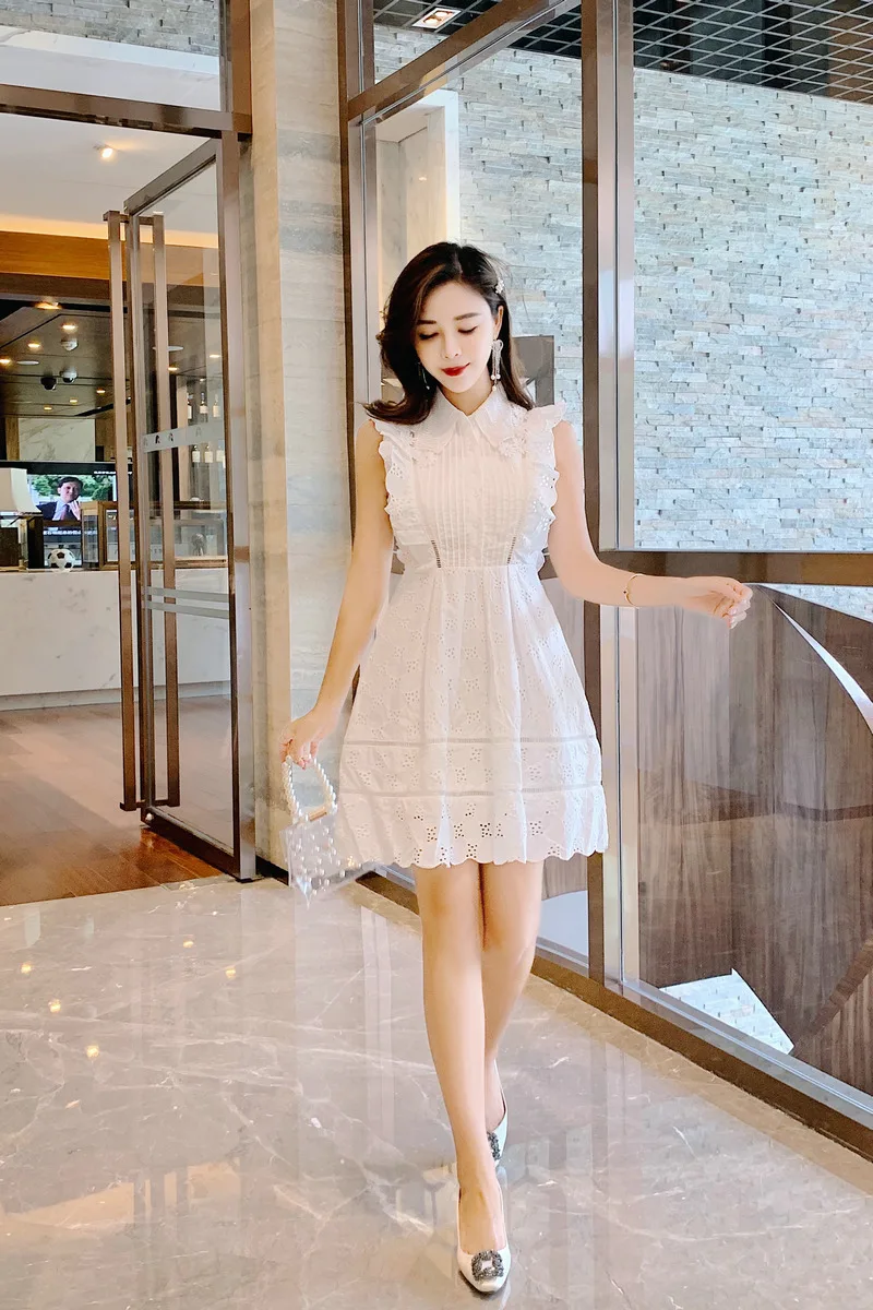 Summer Solid Women Dress Summer Sleeveless High Waist Hollow Out Slim Mini Dresses Female Fashion Elegant New