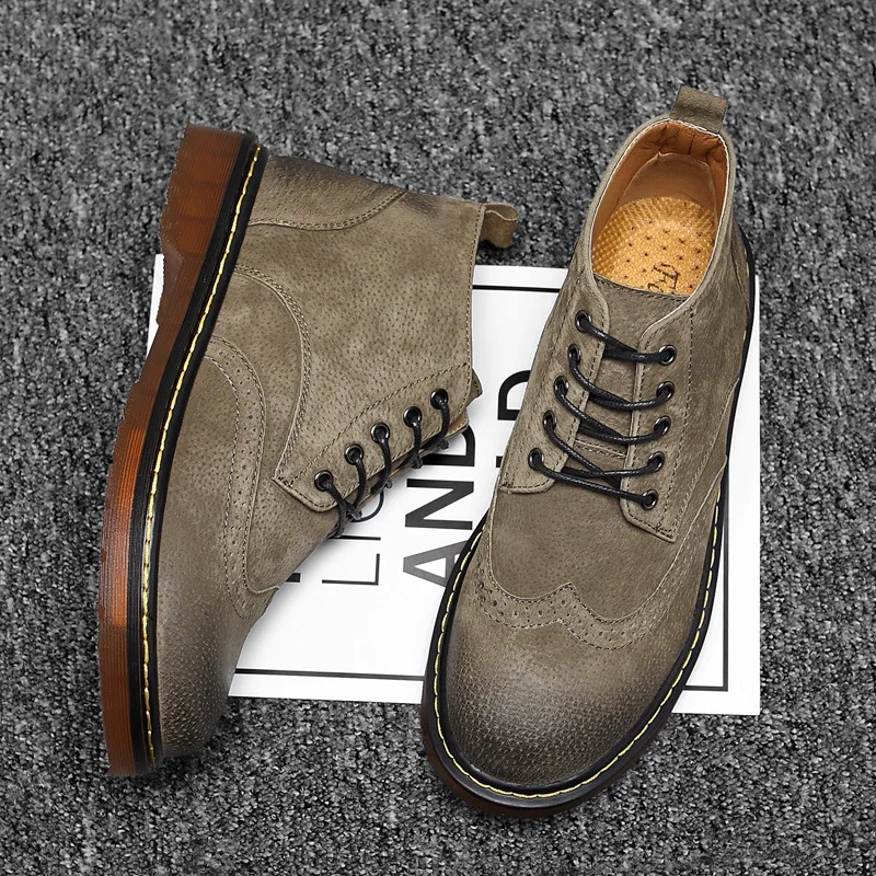 

Extra Large MEN'S SHOES England Retro Genuine Leather Tendon Soft-Sole Anti-slip Leather Boot Trend Hight-top Work Shoes