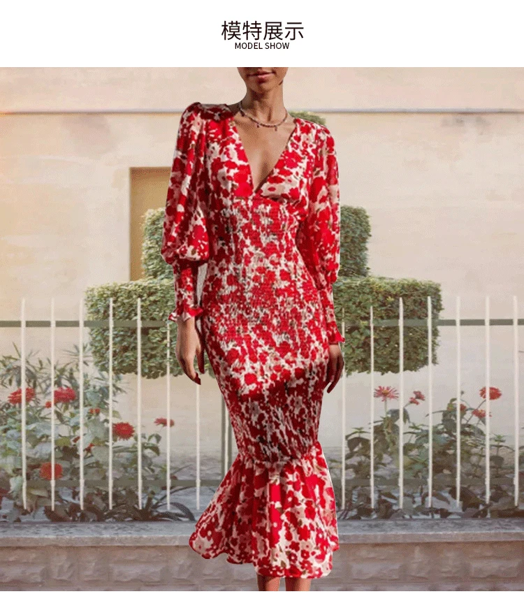 Summer Long Dress Women Red Print Ruched Midi Dress Woman V Neck Long Sleeve Elegant Robe Chic Vacation Casual DressesSummer Long Dress Women Red Print Ruched Midi Dress Woman V Neck Long Sleeve Elegant Robe Chic Vacation Casual Dresses