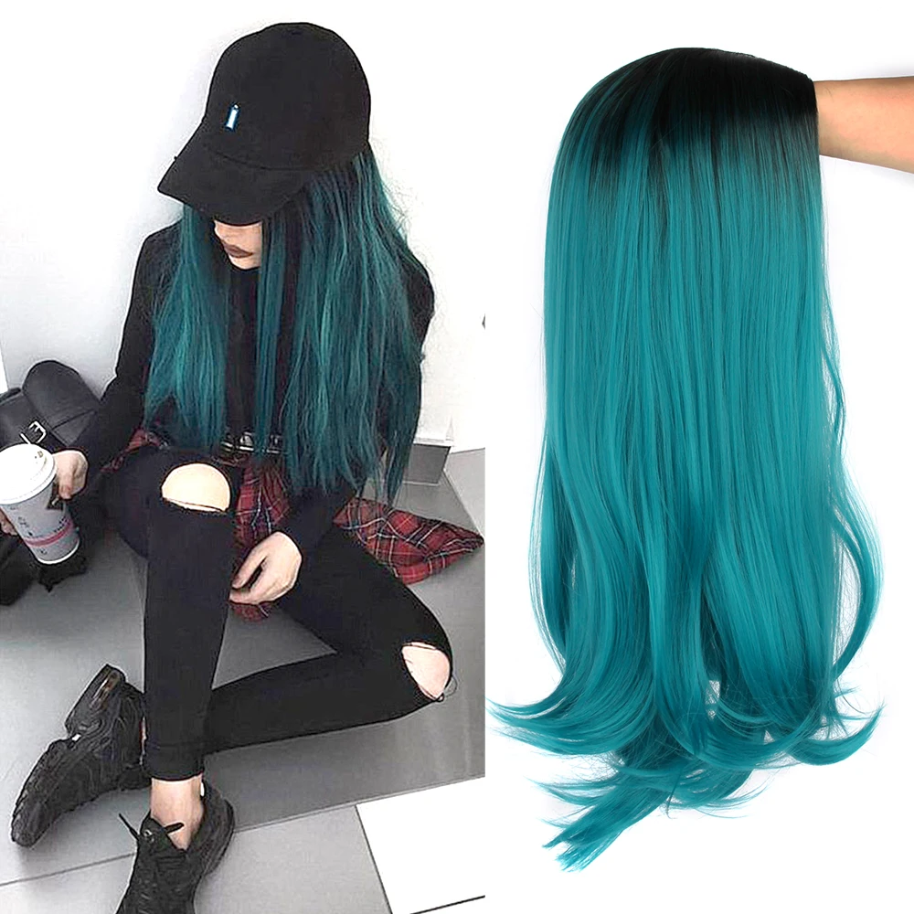 

LiangMo 24" Ombre Long Straight/Wavy Cosplay Wig High Temperature Fiber Hair Extension Synthetic Wigs Middle Part Wig For Women