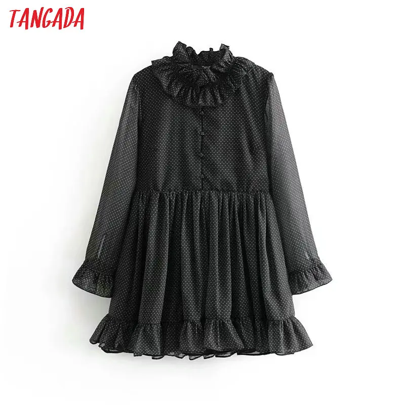 Baratos Mini vestido de fiesta femenino casual vintage manga larga con volantes con estampado de puntos negros Tangada para mujer 6P72