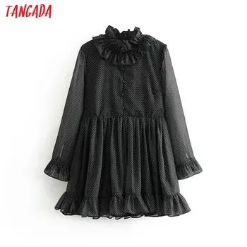 

Tangada women Black dots print ruffles dress long sleeve vintage casual female party mini dress 6P72