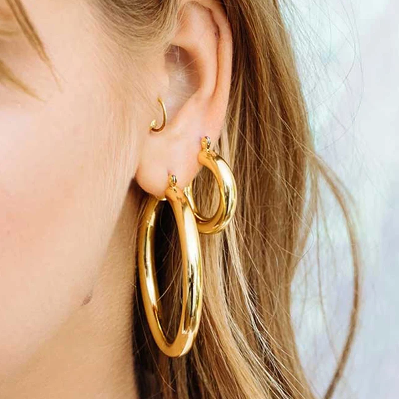 1Pair Big Gold Hoops Earrings  Thick Tube Round Circle Rings Earrings For Women Zinc Alloy Trendy Hiphop Rock