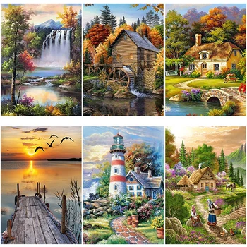 

DIY 5D Diamond Painting Waterfall Landscape Diamond Embroidery House Rhinestones Cross Stitch Full Round Drill Mosaic Home Decor