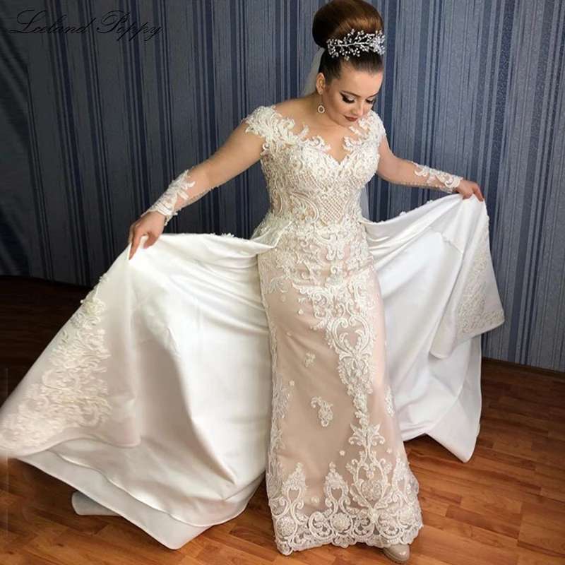 

Lceland Poppy 2 in 1 Wedding Dresses 2020 Appliques Vestido de Noiva Long Sleeves Floor Length Bridal Dress Detachable Train