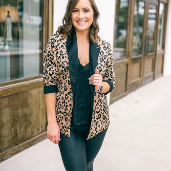 

Office Lady Elegant Women Lady Leopard print Deep V neck Pocket Coat Long Sleeve Casual Lapel Outwear Blazer Slim Tops