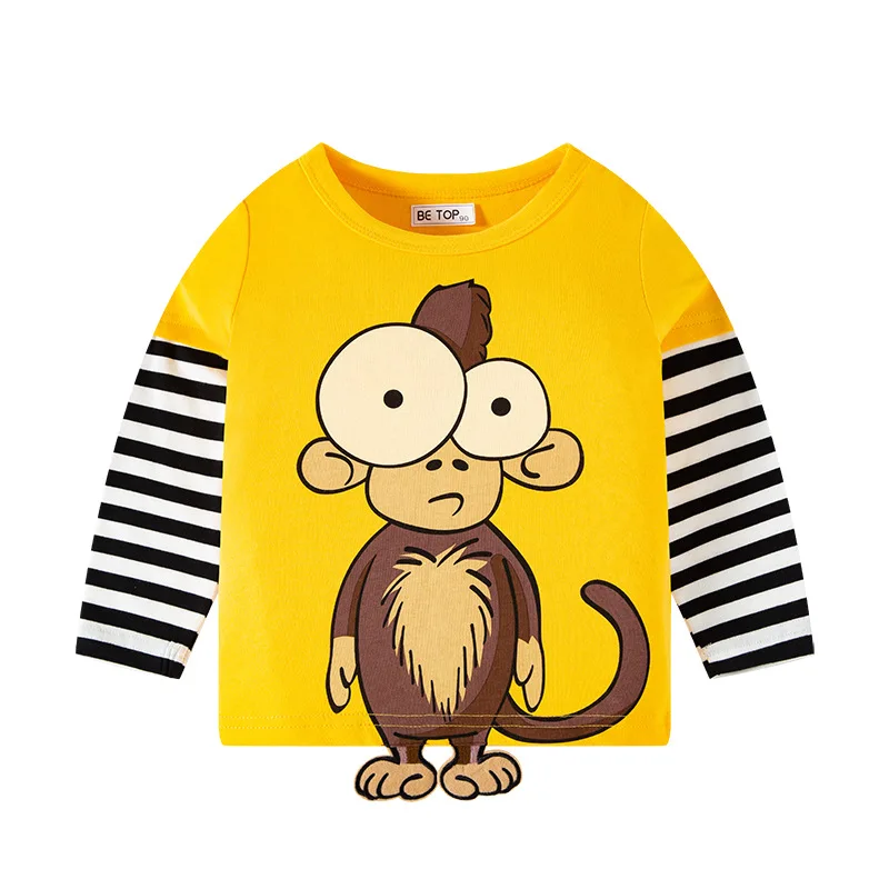 TUONXYE Boys Children's T-shirts Cartoon Cute Animal Pattern Stripe Shirts Casual Crew Neck for Long Sleeve Top Clothes 2-9 4