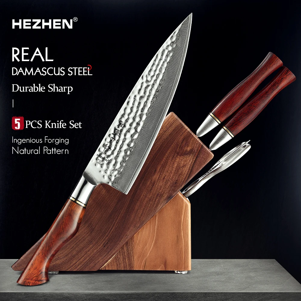 Hezhen 5pc Knife Set 73 Layer Damascus Powder Steel 14cr14movnb Chef