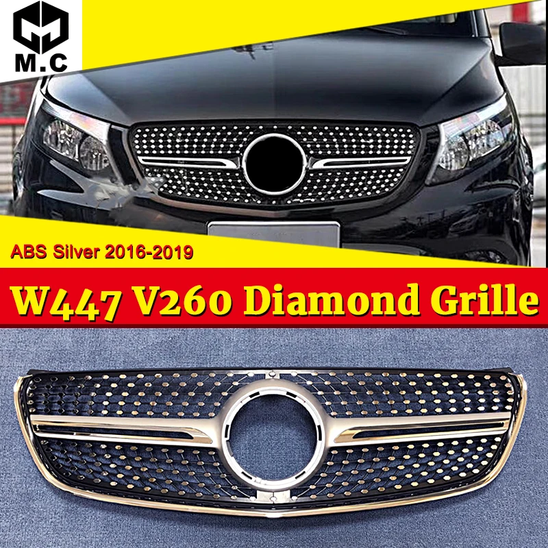 

For MB Mercedes V Class W447 Vito Panamericana Front Diamond Grille Grill Grills ABS Silver without Camera V260 V250 V220 16-18
