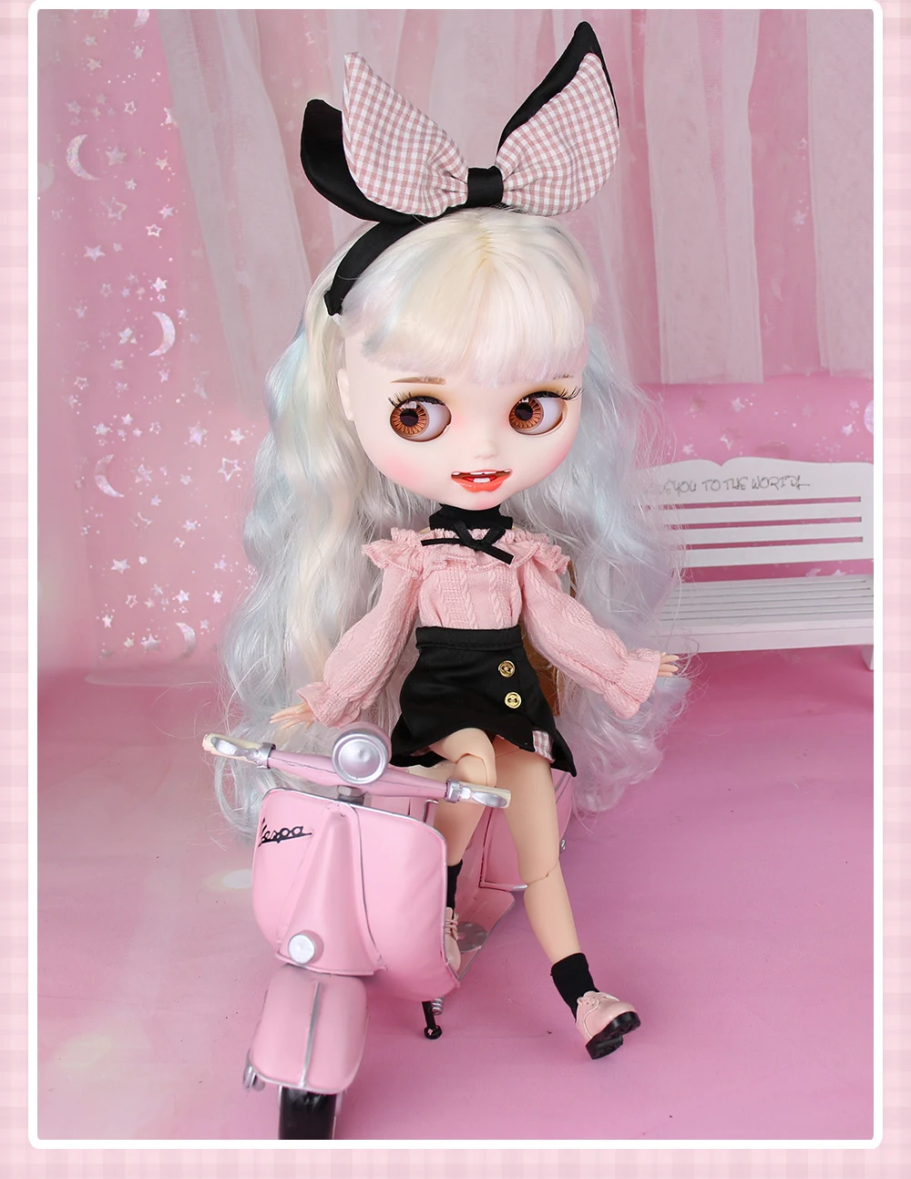Neo Blythe Doll Pink Black Shirt with Skirt, Socks & Headdress 5