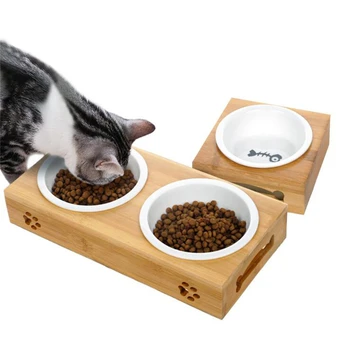 

Stainless Steel Single And Double Bowl Pet Bamboo Bowl Rack Cat Bowl Dog Rice Bowl Water Feeder Pet Supplies