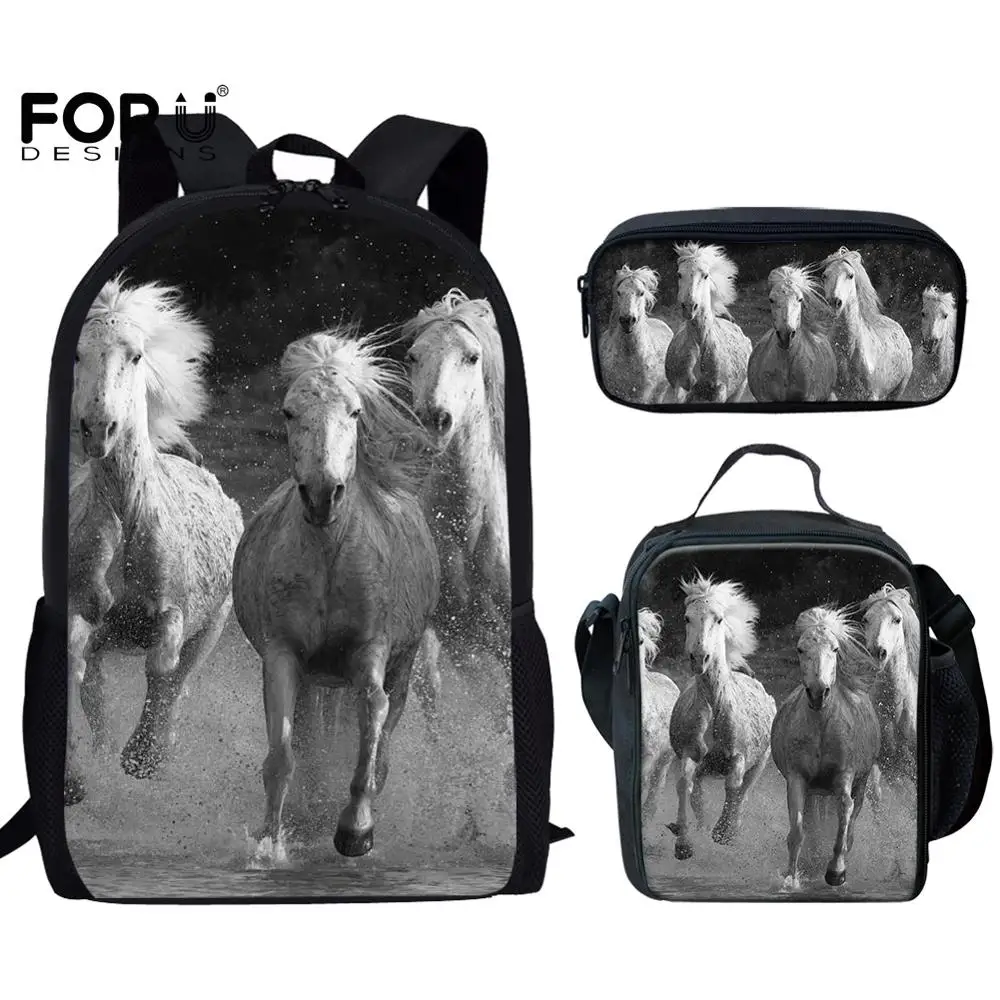 School Bags For Kids Pencil Case Set Crazy Horse 3D Printing  Black School-bag Fire Gold Horse