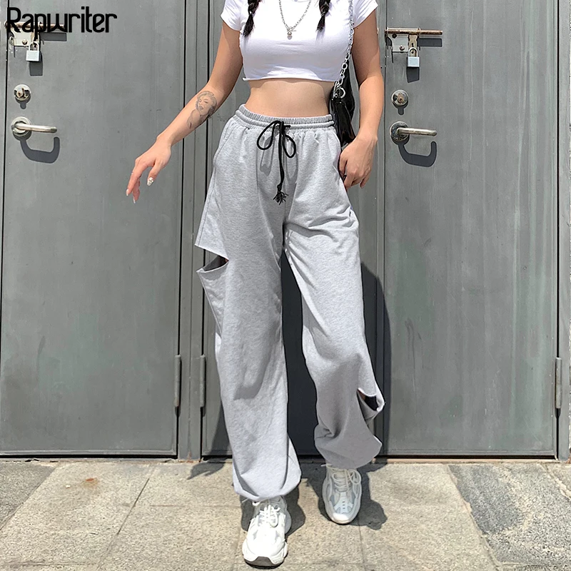 Streetwear Drawstring High Waist Hole Gray Sweatpants Joggers Women 2020 Harajuku Loose Trousers Long y2k Pants Capris Rapwriter