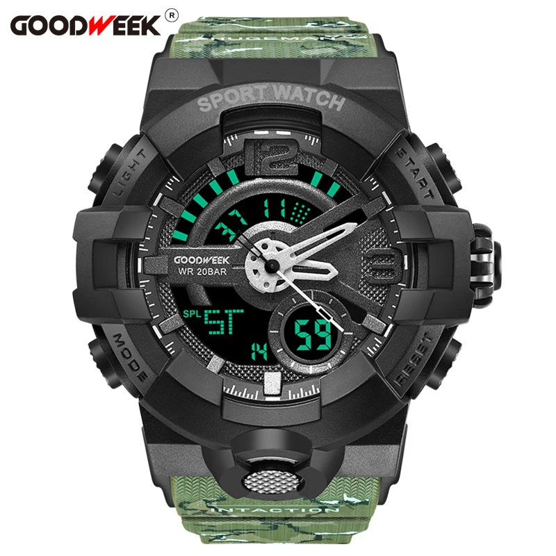 army green GOODWEEK мужские спортивные часы водонепроницаемые армейские камуфляжные противоударные часы многофункциональные часы с двойным дисплеем Relogio Masculino - Цвет: army green