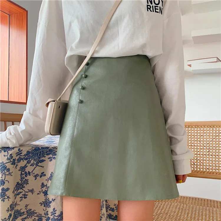 

2020 Newwoman skirts elegant fashion korean style genuine real leather high waist mini skirt womens