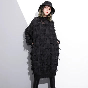 

Large size dress autumn 2019 new women's fringed five-pointed star lace dress loose temperament half high collar