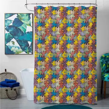 

Shower Curtains Fabric Blue and Grey Colorful,Puzzle Pattern Rainbow Colors Illustration of Geometric Elements Abstract