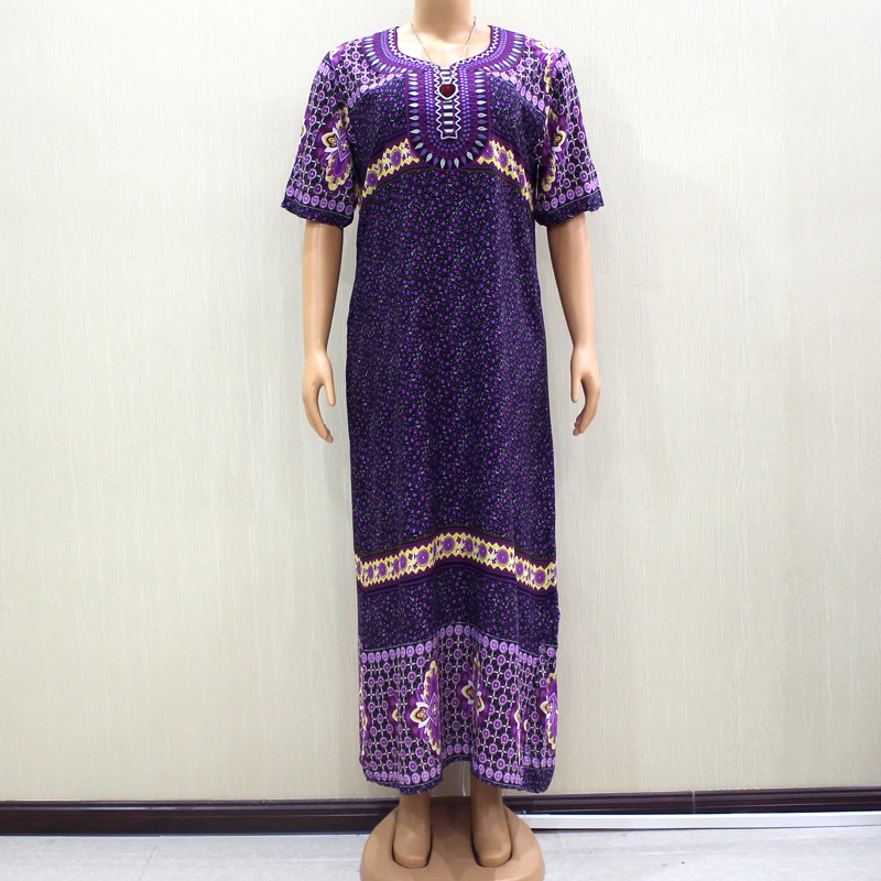 Африканская Дашики аппликации свободные короткий рукав фиолетовый хлопок Модное Длинное Платье