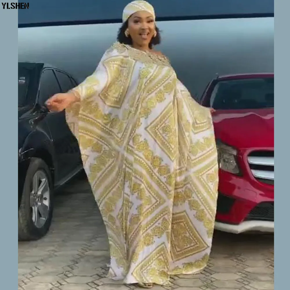 Plus Size African Maxi Dress Women Clothes Summer Dashiki Silk Print Sloping Shoulder Robe Boubou Africaine 02
