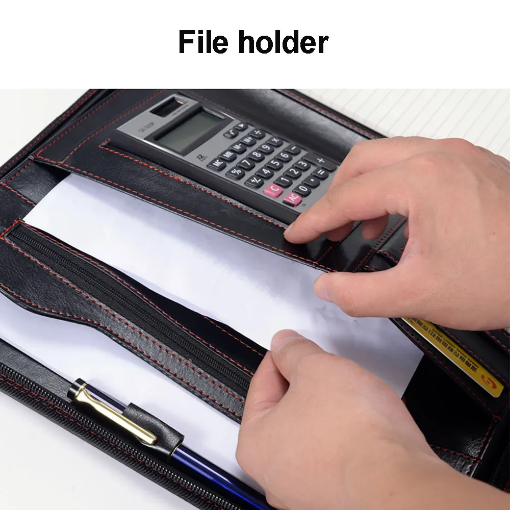 Padfolio com Calculadora Carteira de Negócios Portátil com Zíper Couro Notebook Organizador Pasta a4 6 High Quality Material escolar e de escritório