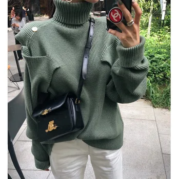 

Chic Buttons Women Turtleneck Sweater Loose Streetwear Jumpers Pullovers Female Autumn Winter Knit sweater jk154