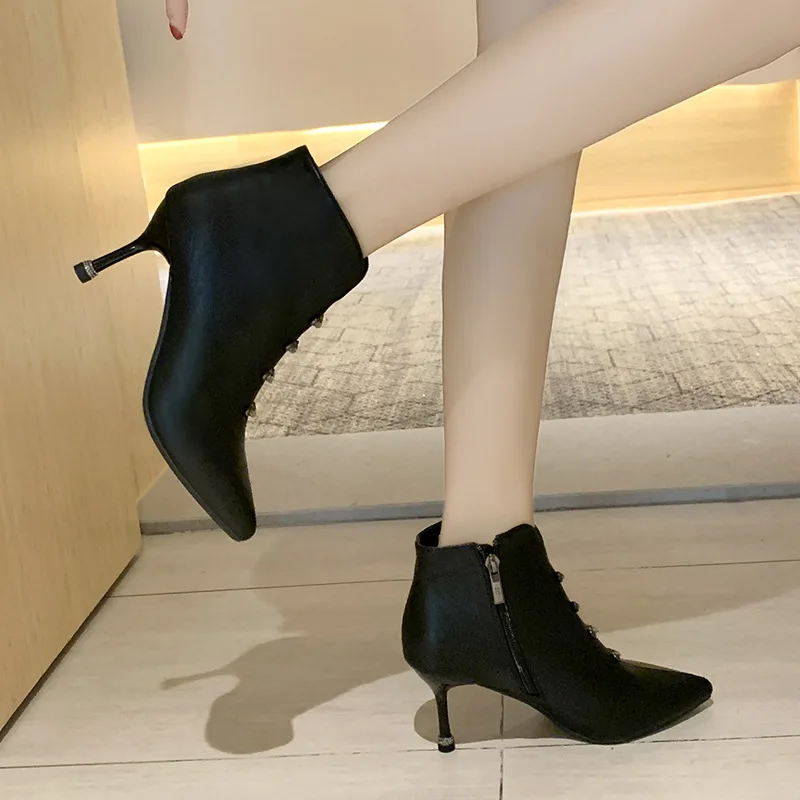 Winter Leather Martin Boots Women'S Shoes Plus Velvet To Keep Warm For Women Side Zipper High Heel Snow Boots Cotton Boots