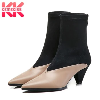 

KemeKiss Real Leather Chelsea Boots Pointed Toe Patchwork Shoes Women Mixed Color Casual Thick Heel Female Footwear Size 34-39
