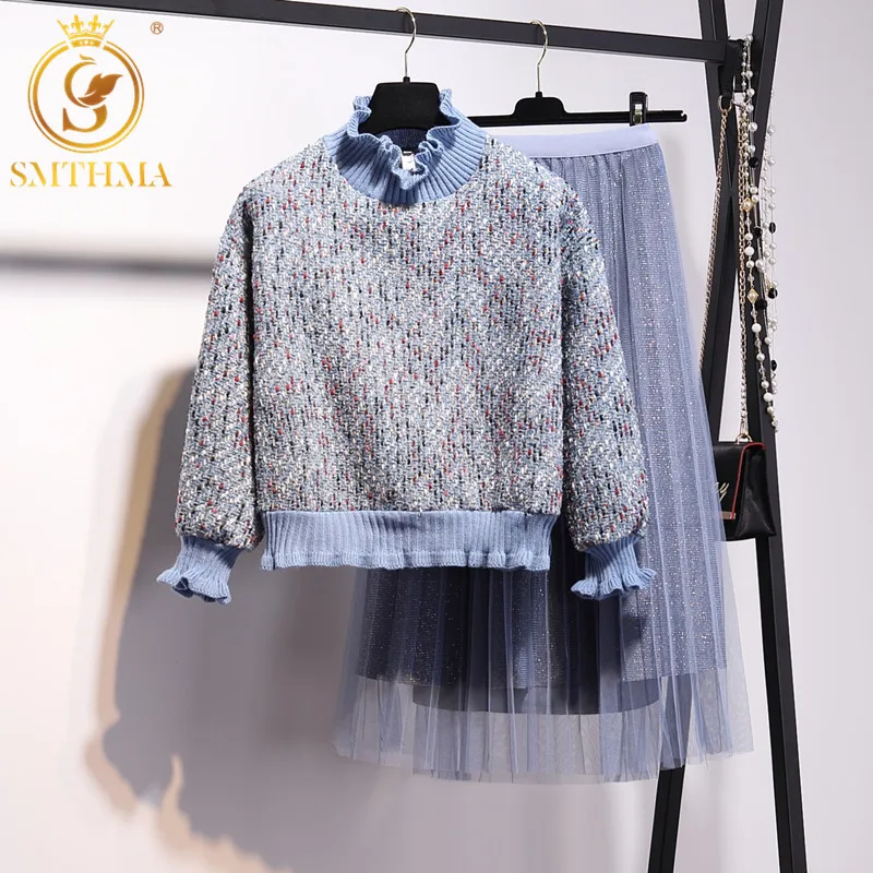 SMTHMA Autumn Winter New Women Wool Pullover Long Sleeve Tweed Weave Top+High Waist Pleated Long Mesh Skirt 2 Piece Sets