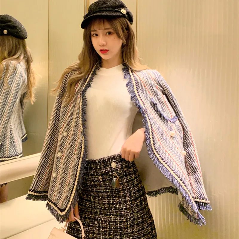 

XXL 2019 High Quality Blue White Striped Tweed Jacket Autumn Winter Fashion Tassel Pearls Harajuku Coat Women Plus Size Surcoat
