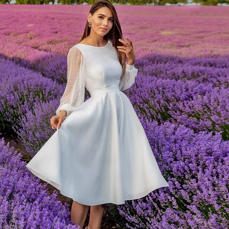 long sleeve wedding dresses Elegant Short Wedding Dresses Lace Tulle Modest Long Sleeve Scoop Neck Bohemian Beach Garden Bridal Gowns 2022 Vestido De Novia simple wedding dresses