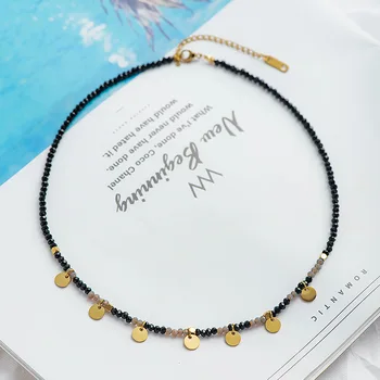 

Manual Crystals Beaded Necklace European Popular Stainless Steel Small round Card Pendant Female Chain Choker wholesale Lots