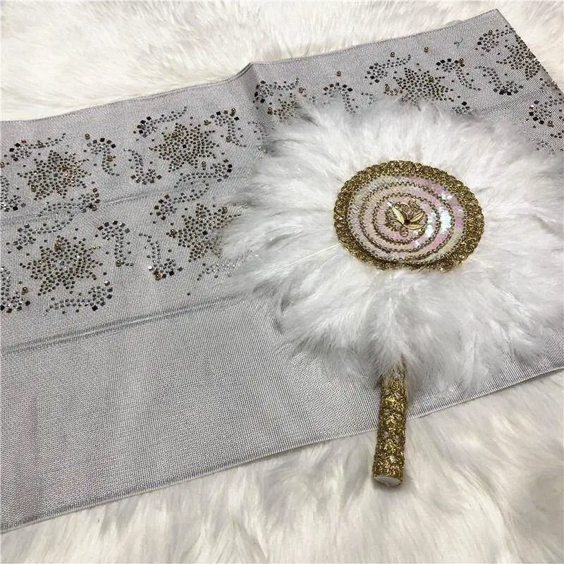 New design asooke with stones beads matching feather headfan nigerian wedding style design - Цвет: 9
