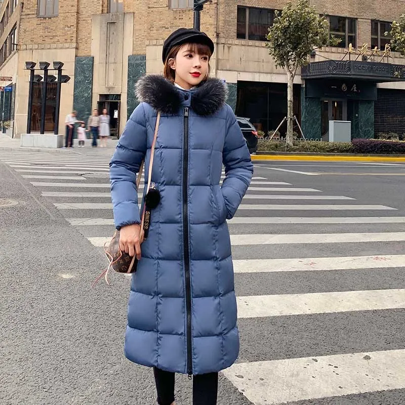 Меховая парка с капюшоном Casaco Feminino, Женская куртка, пальто размера плюс, зимняя куртка, Женская Повседневная пуховая хлопковая длинная стеганая парка - Цвет: blue