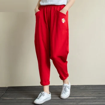 

New Arrival Spring Korea Fashion Women Elastic Waist Loose Harem Pants All-matched Casual Cotton Embroidery Pants Plus Size S705