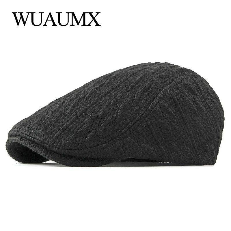 Wuaumx Autumn Knitting Beret Cap Men Visor Wool Peaked Flat Ivy Cap Elderly Newsboy Duckbill Hat Middle-aged Herringbone Hat black beret for men