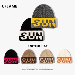 UFLAME – Bonnet en laine tricoté pour femmes et hommes, chaud, motif de lettres, style Hip Hop, Skullies, unisexe, décontracté, automne et hiver 