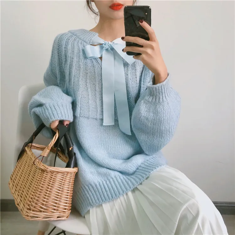 blue sweater RUGOD/Новинка года, женский осенний свитер или кружевная рубашка, милая, на шнуровке, с двумя боковыми носками, Свободный пуловер, свитер, Модная Тонкая футболка с подкладкой - Цвет: blue sweater