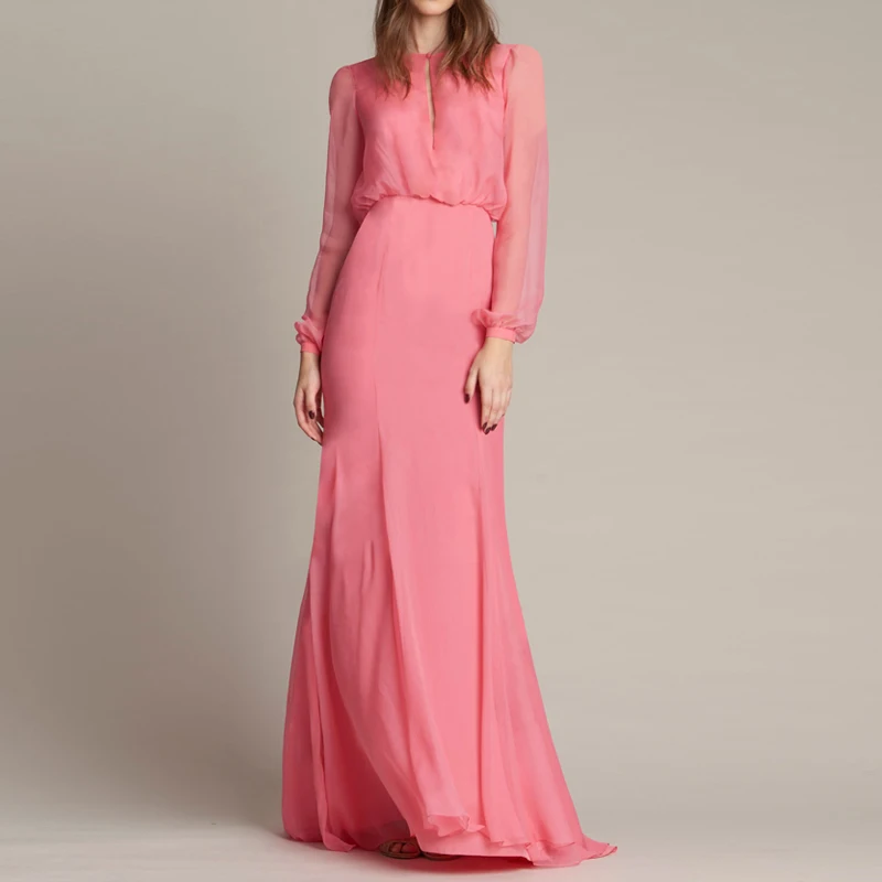 

Vintage Pink Long Party Dresses for Women 2021 Spring Autumn Long Sleeve Chiffon Pleated Maxi Dress Designers Robe Femme