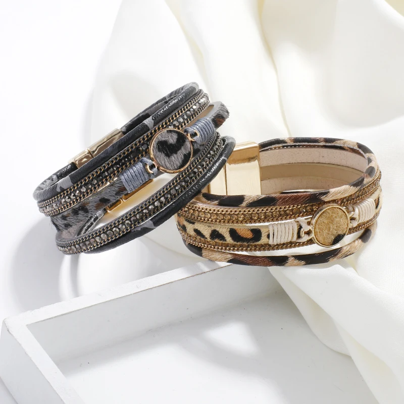 Amorcome Bohemian Leopard Leather Bracelets For Women 2019 Fashion Bracelets & Bangles Crystal Wide Wrap Bracelet Jewelry - Image 5