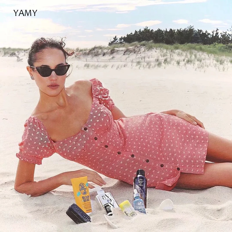 

Summer pink Dress square collar womens botton Dress bohemian beach boho mini Dress Vestidos short sleeve vintage Dress 2019