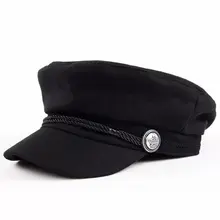 Прямая с фабрики модная черная зимняя шапка шерстяная шапка женская Накладка для кнопки Повседневная Уличная одежда веревка плоская кепка элегантная однотонная осенняя